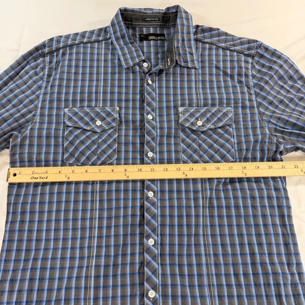 Buckle Black Mens XL Athletic Fit Plaid Button Down Shirt Blue Grey Long Sleeve - Picture 7 of 8